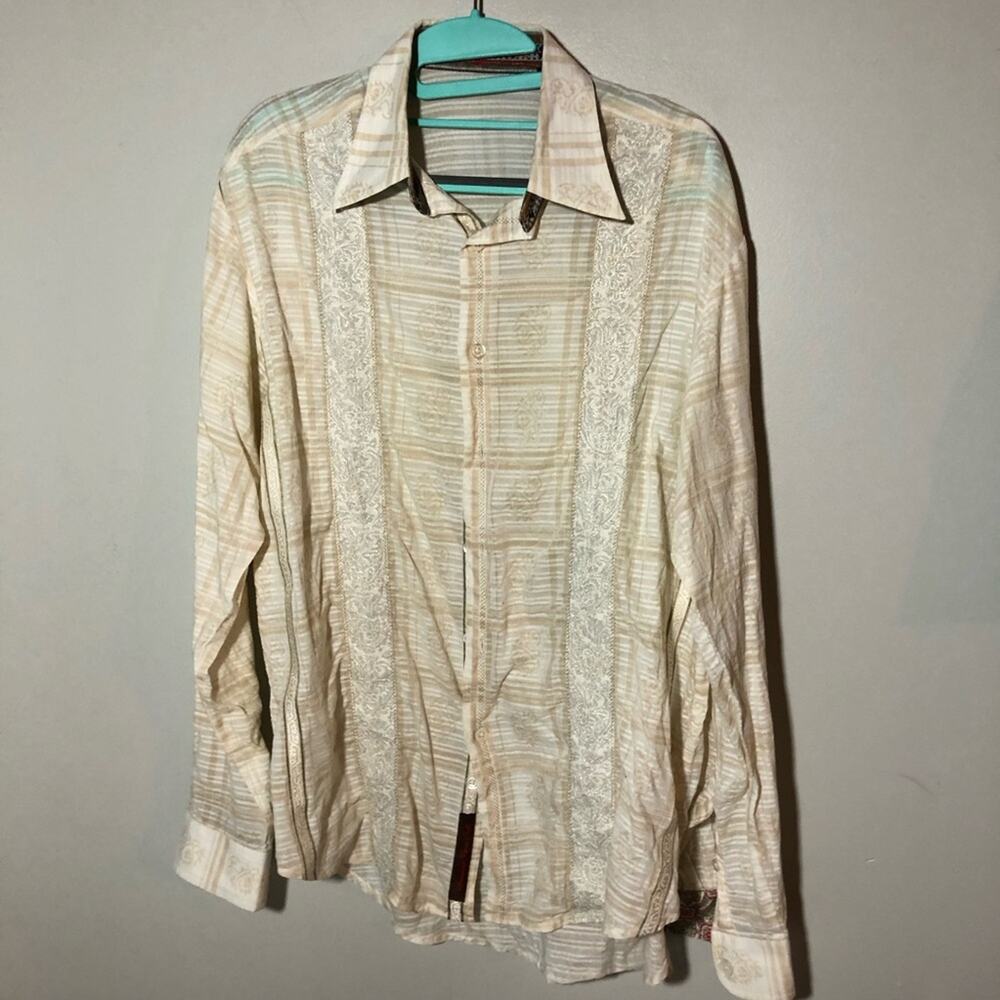 Robert Graham mens M cream beige embroidered flip cuff shirt pointed collar